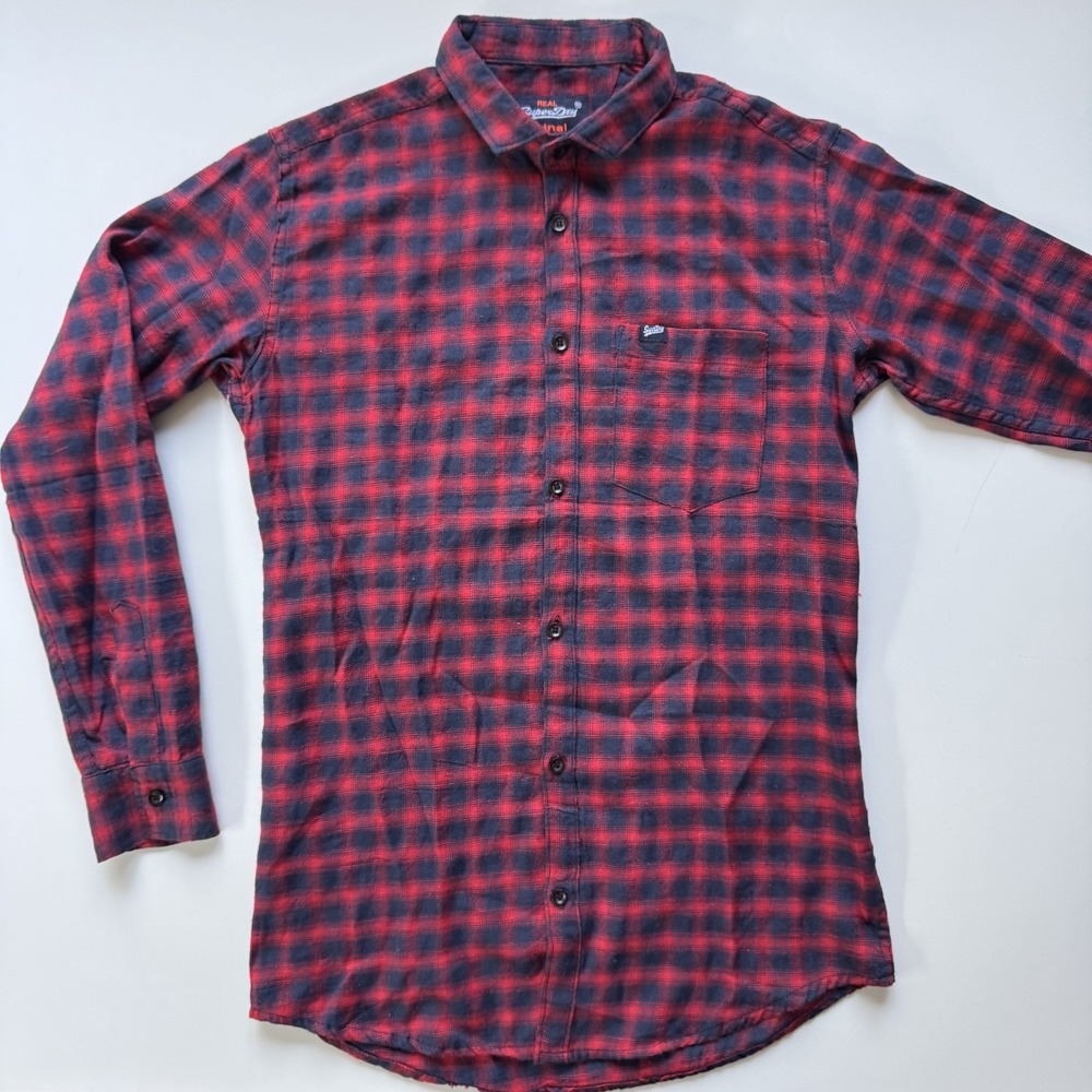 SUPERDRY Long Sleeve Button Up Shirt Womens Medium Flannel Red Plaid Check Light